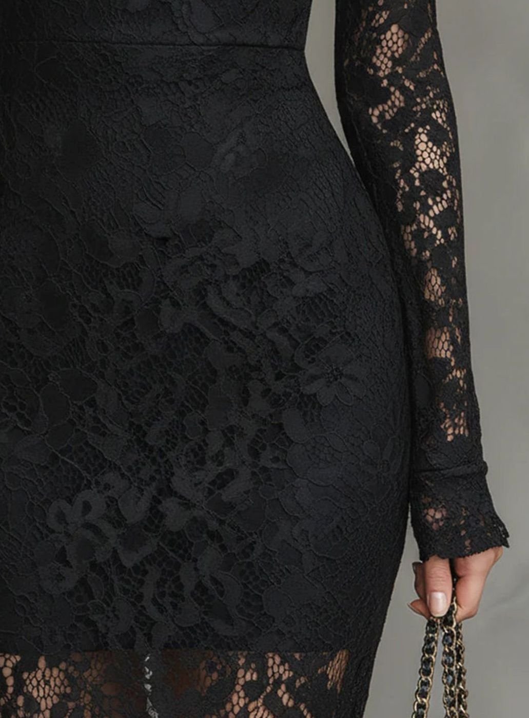 Women's Black Lace Long Sleeve Midi Wedding Guest Dress
