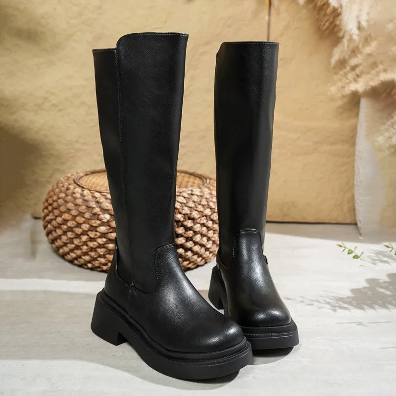 Women's Black Leather Knee-High Platform Boots - Black