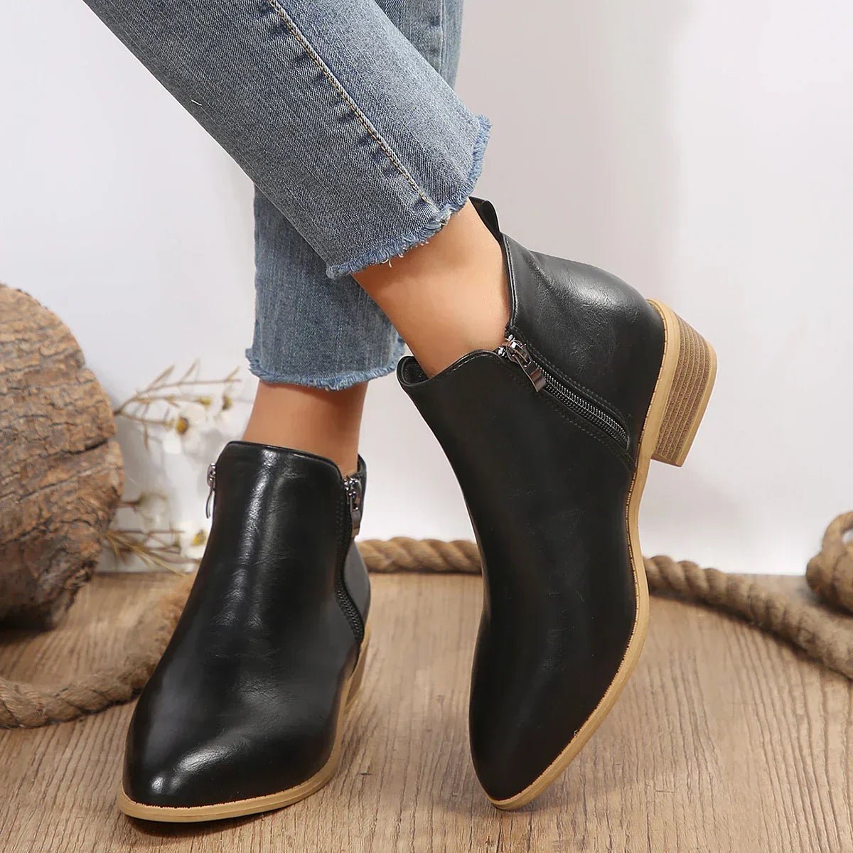 Women's Black Leather Side-Zip Block-Heel Ankle Boots - Black