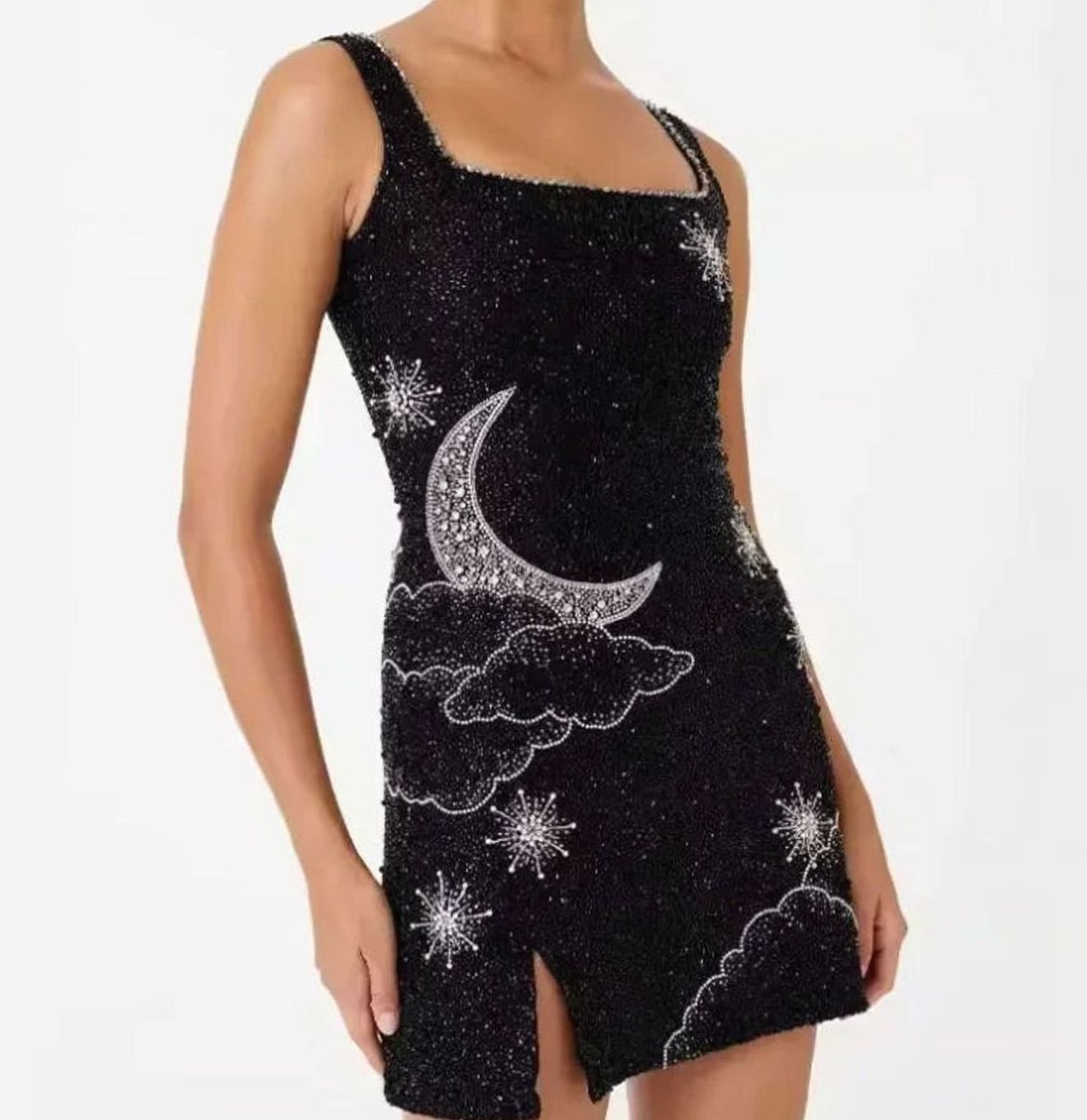 Women's Black Sequin Mini Dress Wide-Strap Sleeveless Evening
