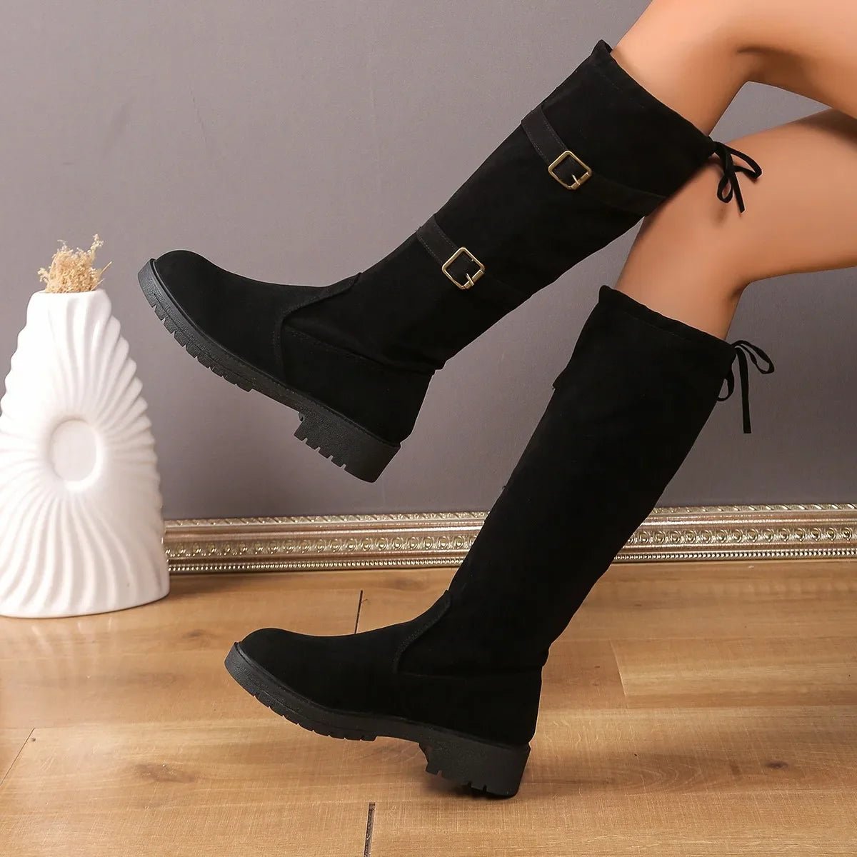 Women's Black Suede Knee-High Buckle Boots