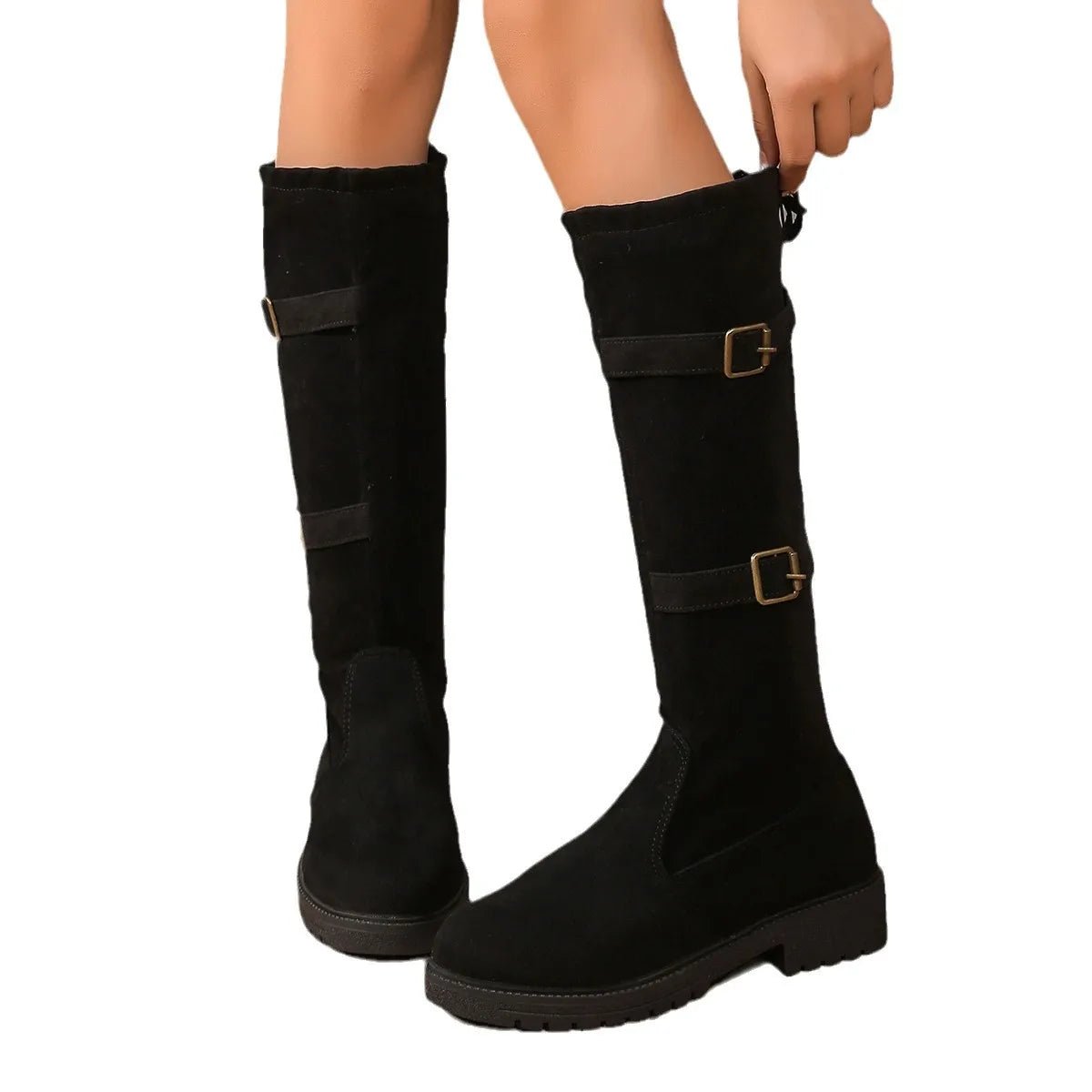 Women's Black Suede Knee-High Buckle Boots