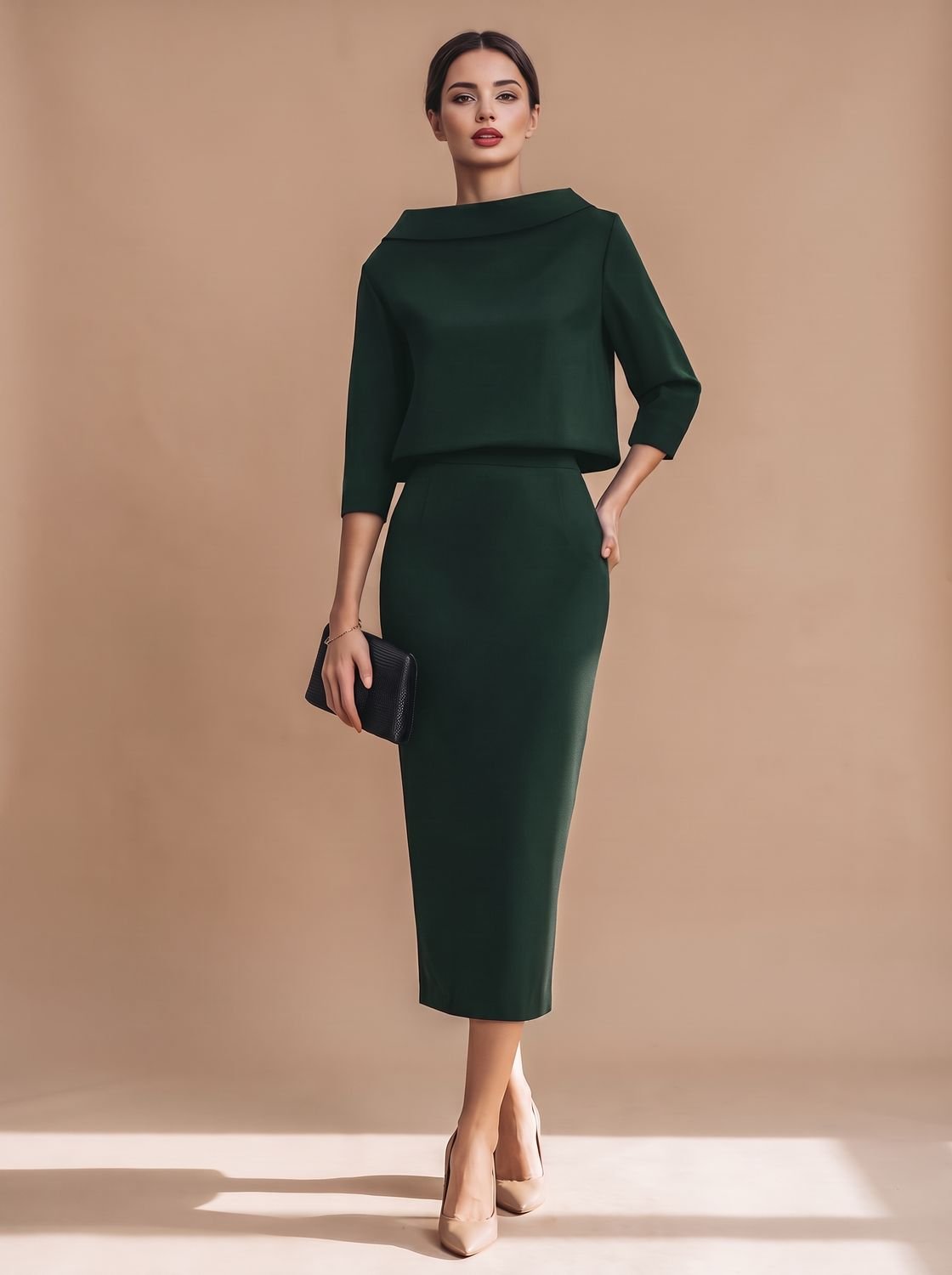 Women's Boat Neck Top Midi Skirt Two-Piece Crepe Co-ord Set - Emerald Green