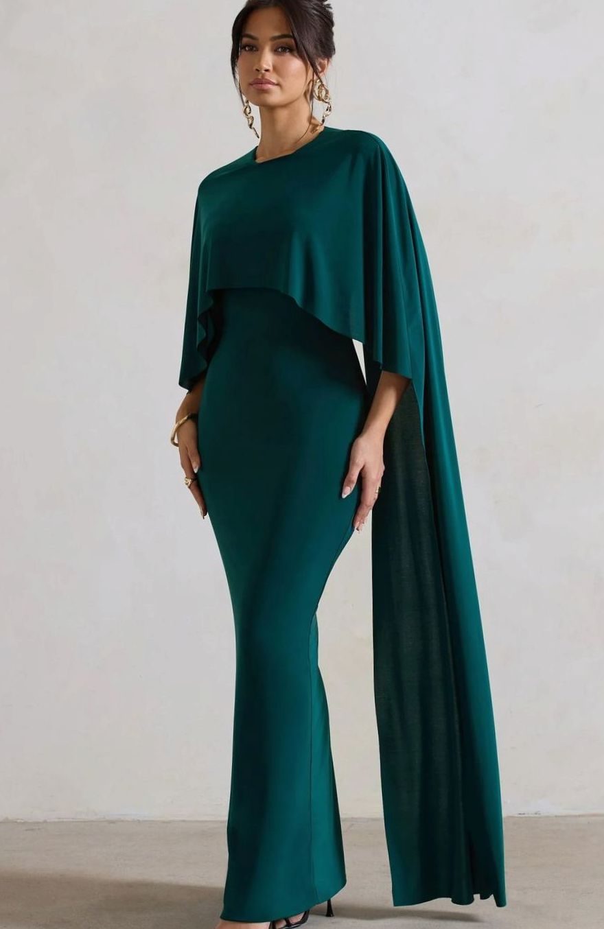 Women's Bodycon Cape-Sleeve Stretch Jersey Maxi Dress
