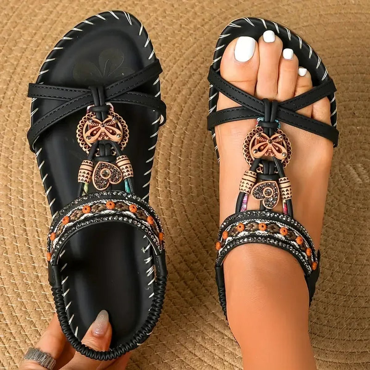 Women's Bohemian Beaded Flat Comfort Sandals Braided Strap