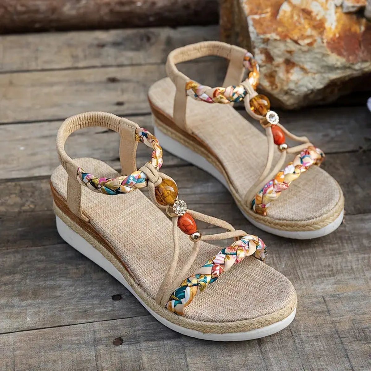 Women's Bohemian Beaded Wedge Comfort Sandals Open Toe Braided Straps