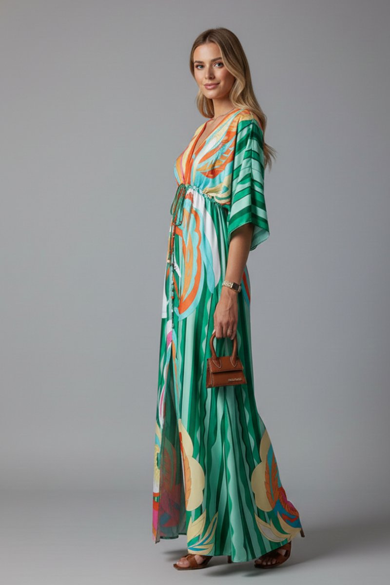 Women's Bohemian Chiffon V-Neck Drawstring Summer Dress Jumpsuit Maxi