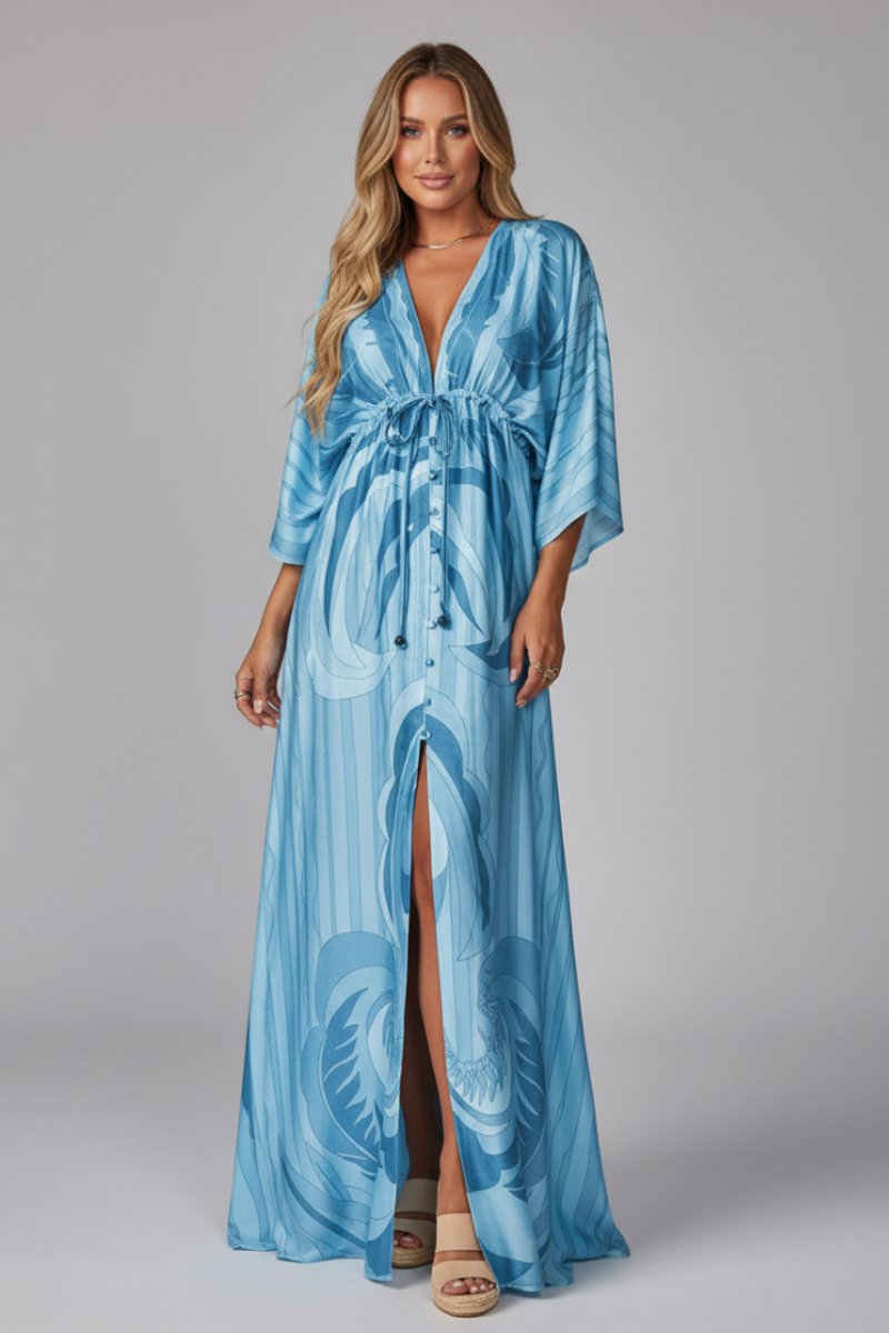 Women's Bohemian Chiffon V-Neck Drawstring Summer Dress Jumpsuit Maxi - Blue