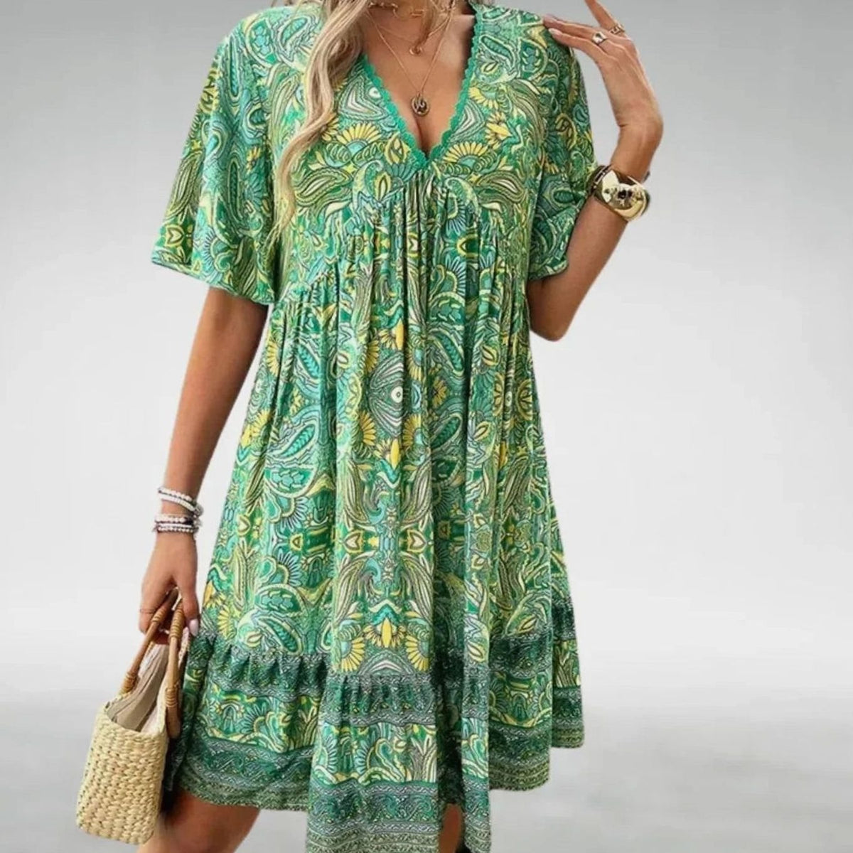 Women's Bohemian Paisley Print Short-Sleeve Boho Mini Dress
