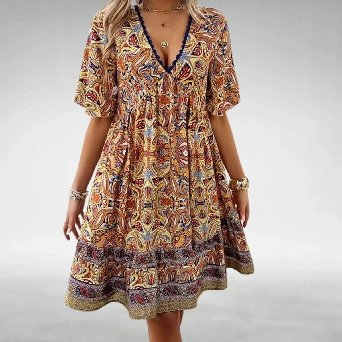 Women's Bohemian Paisley Print Short-Sleeve Boho Mini Dress - Yellow