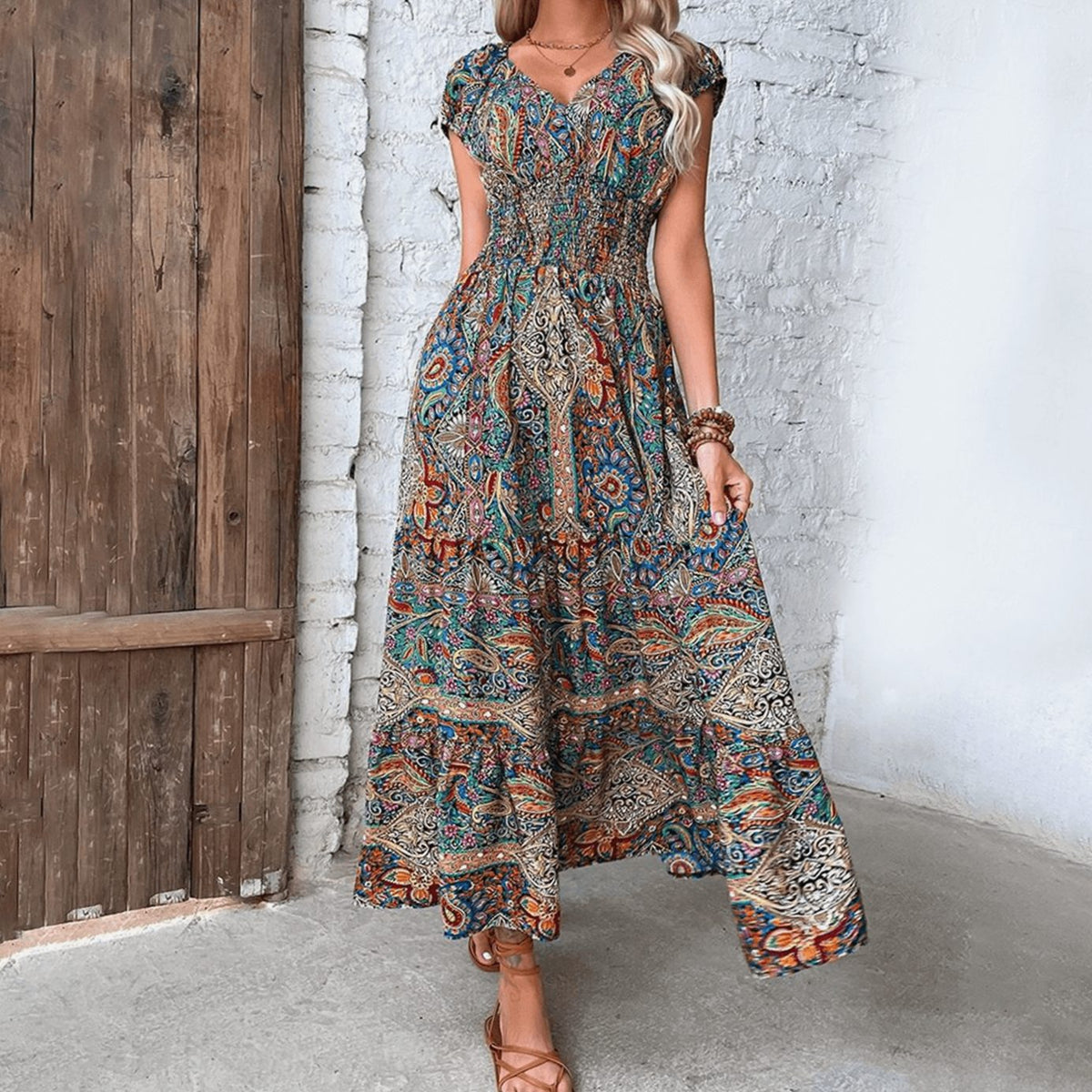 Women's Bohemian Paisley Smocked-Waist V-Neck Maxi Dress - Blue