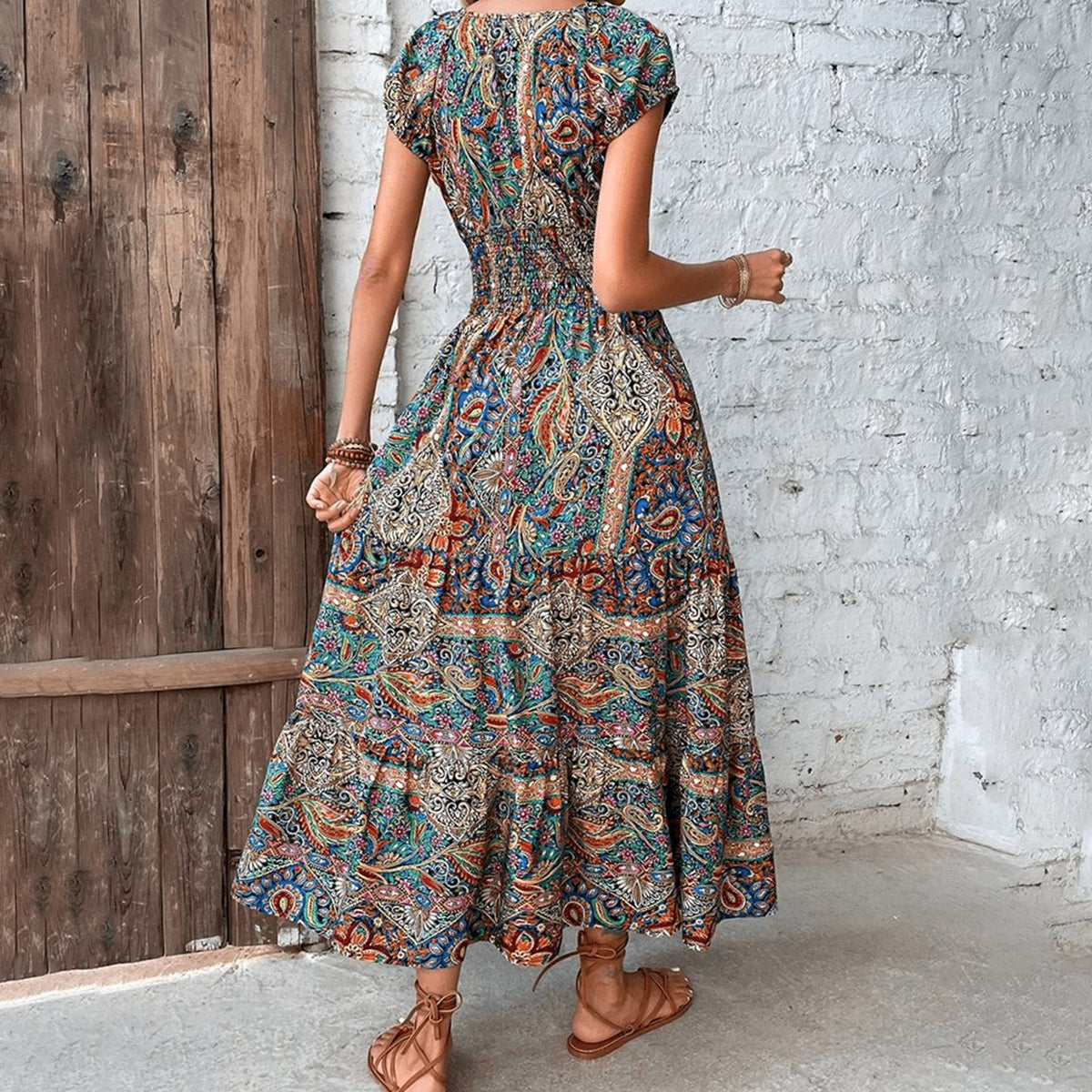 Women's Bohemian Paisley Smocked-Waist V-Neck Maxi Dress