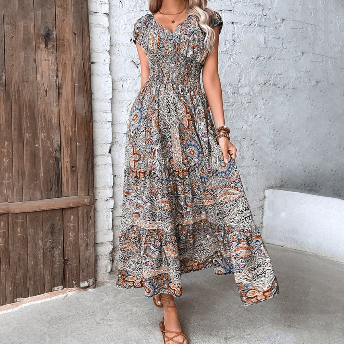 Women's Bohemian Paisley Smocked-Waist V-Neck Maxi Dress - Grey
