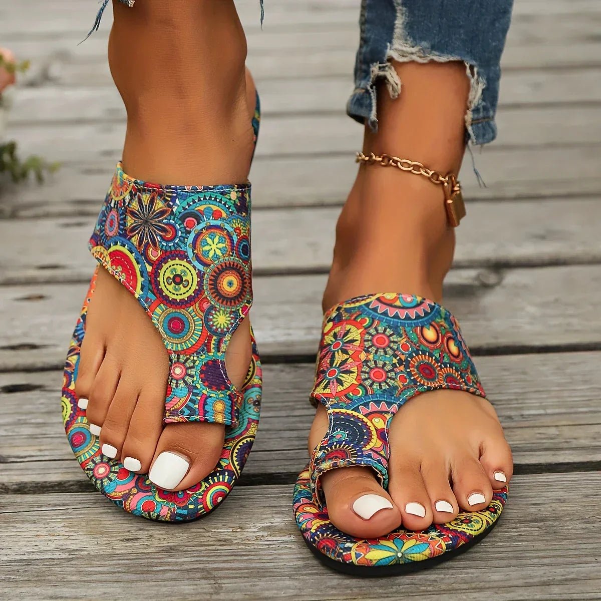 Women's Bohemian Toe-Loop Comfort Sandals Mandala Print Flat - Blue