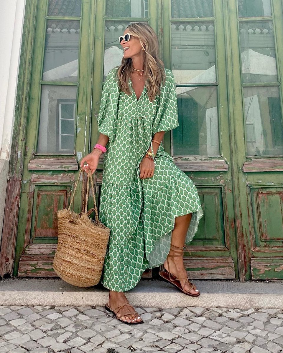 Women's Bohemian V-Neck Floral Summer Dress Tiered Maxi - Grass Green