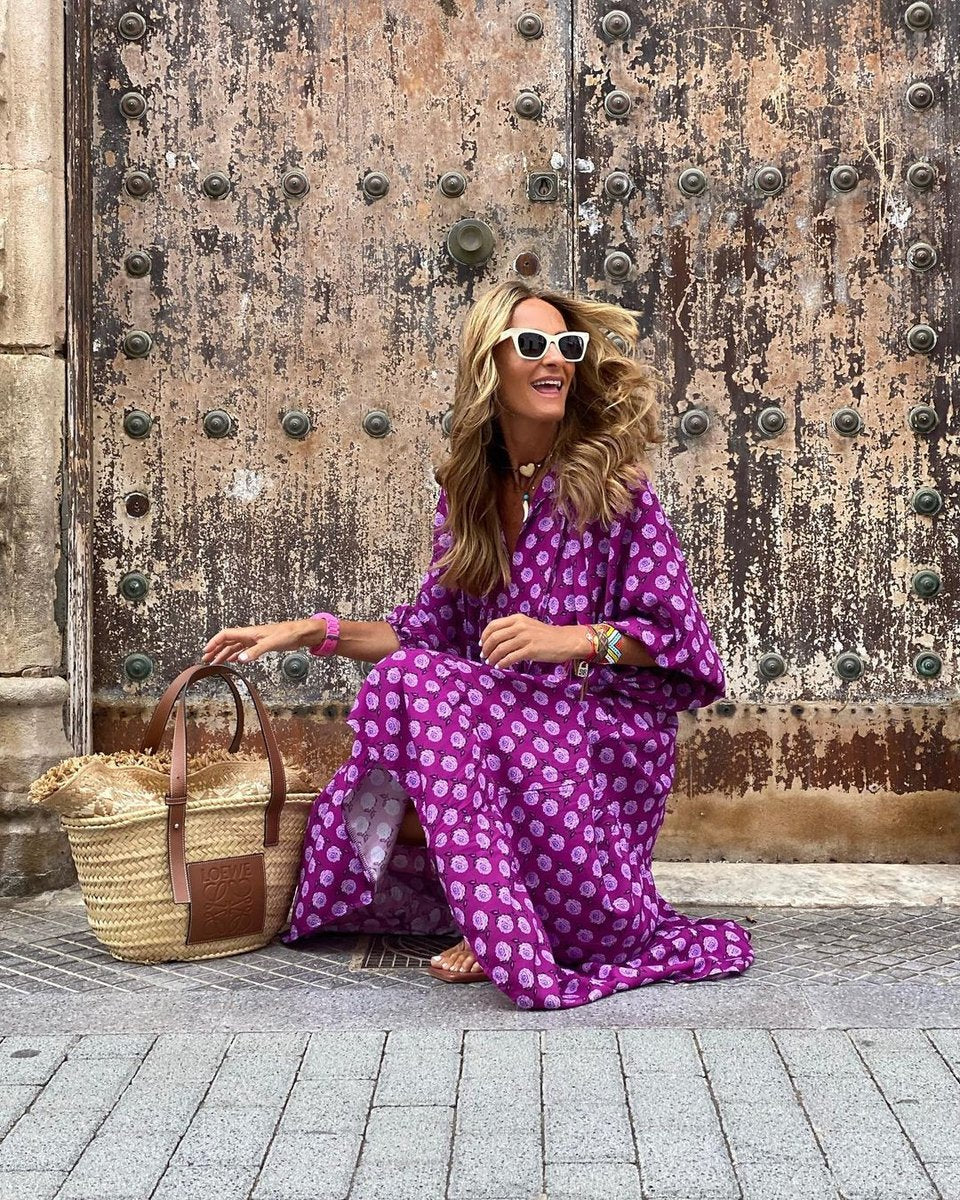 Women's Bohemian V-Neck Floral Summer Dress Tiered Maxi