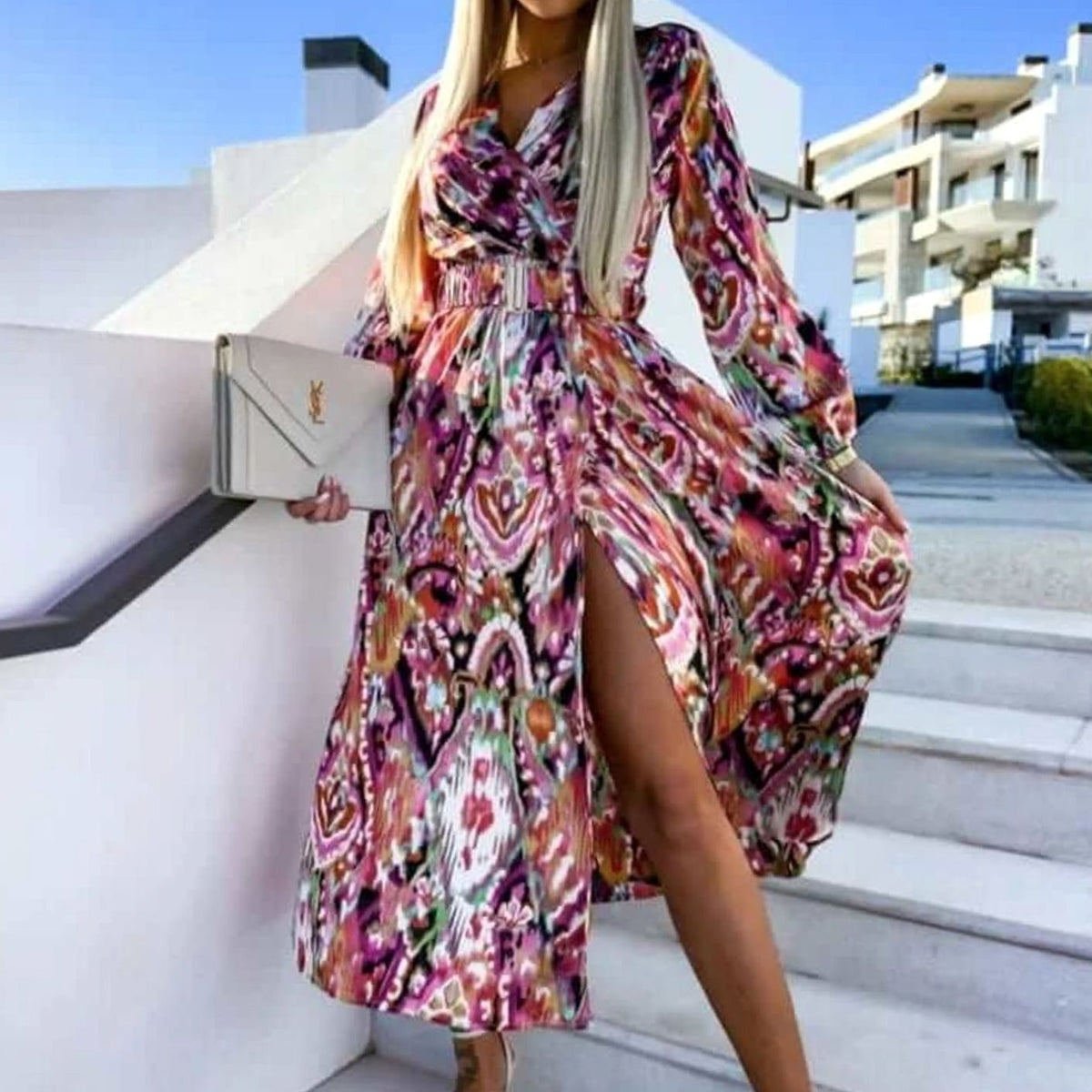 Women's Bohemian V-Neck Long-Sleeve Belted Split Maxi Dress - Red