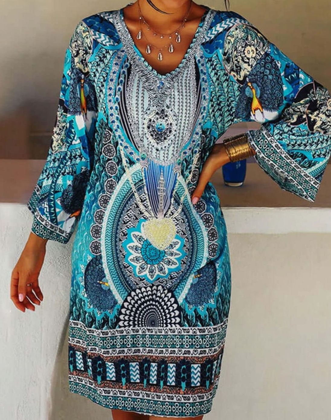 Women's Bohemian V-Neck Long-Sleeve Printed Mini Dress - Blue