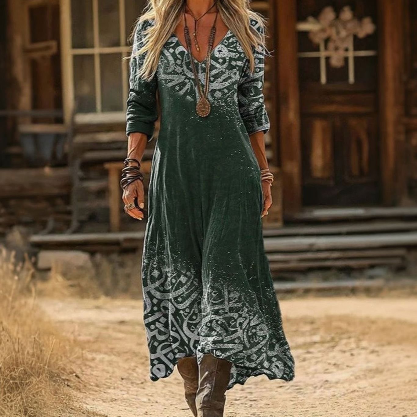 Women's Boho Dress Long Sleeve V-Neck Vintage Print Maxi