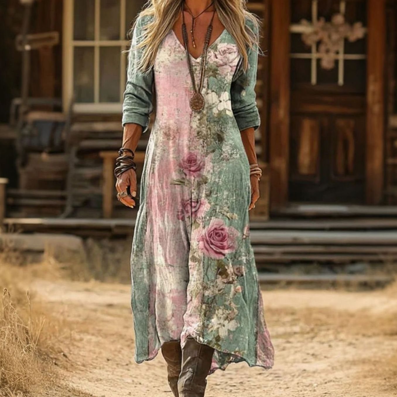 Women's Boho Floral Long Sleeve Casual Maxi Dress - Multicolor