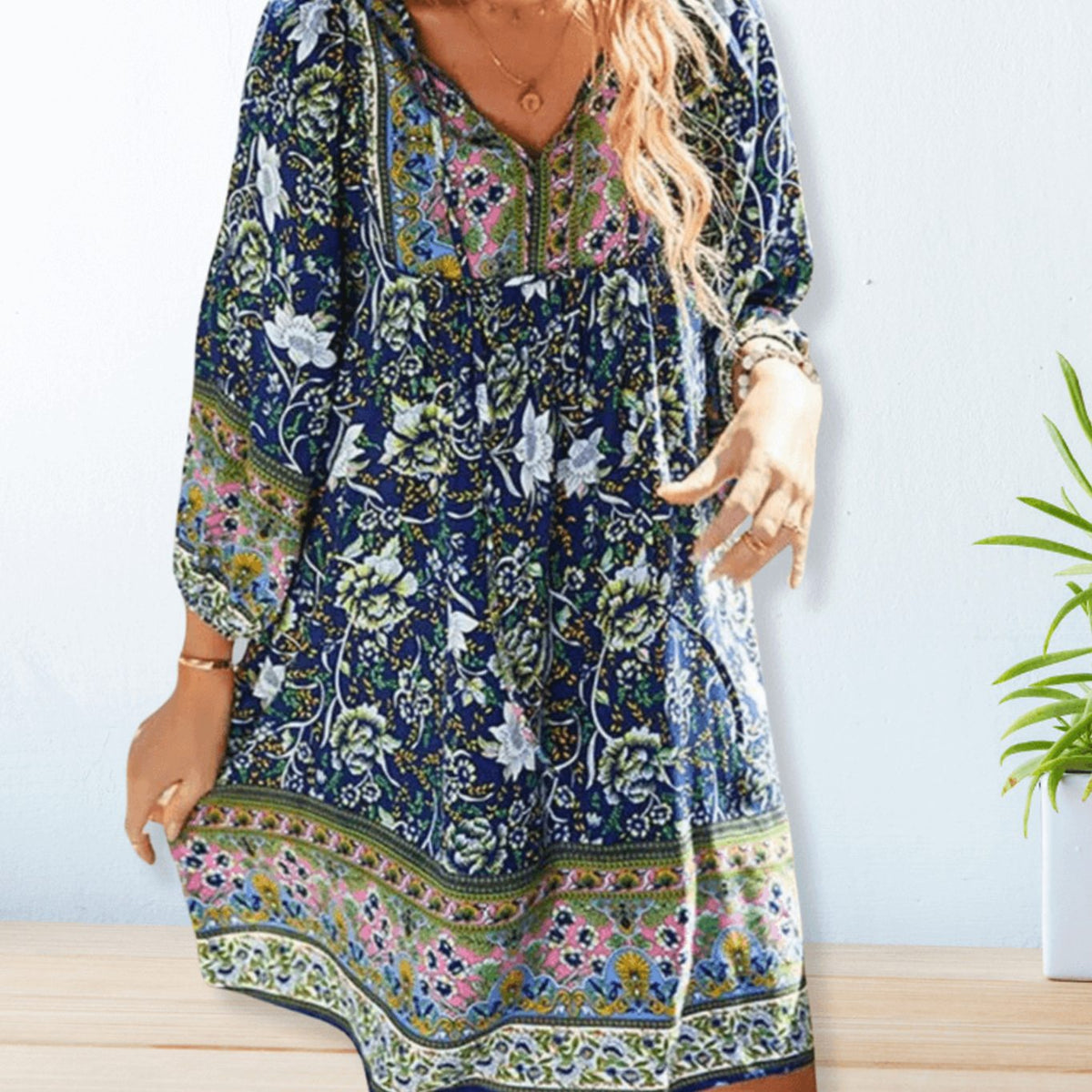 Women's Boho Floral Long-Sleeve V-Neck Casual Summer Dress - Marine Blue