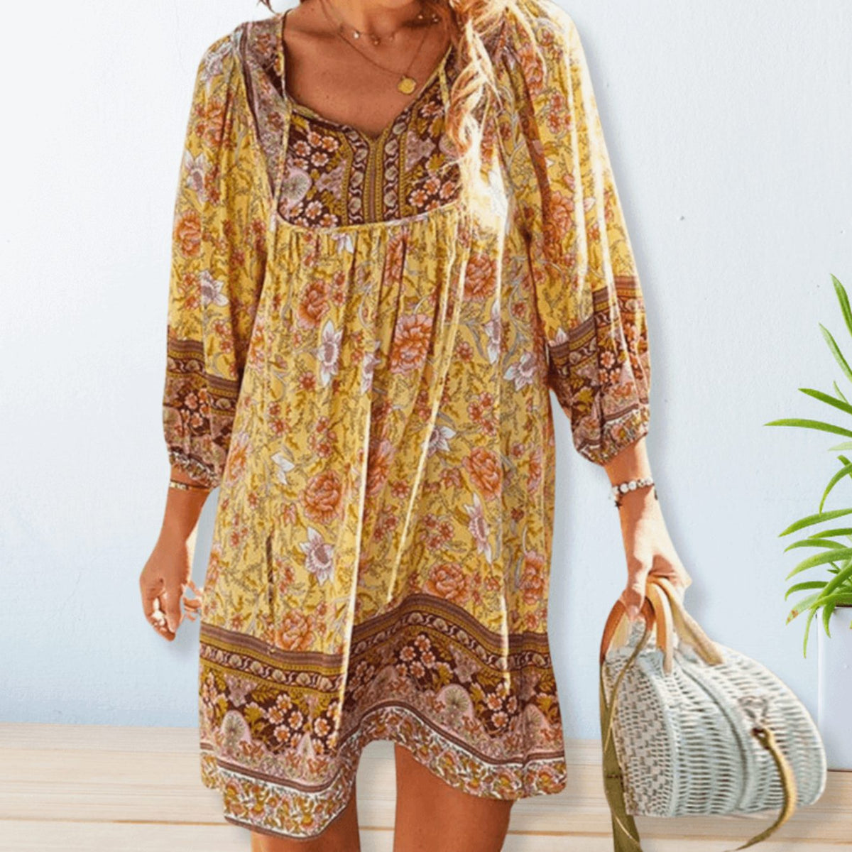 Women's Boho Floral Long-Sleeve V-Neck Casual Summer Dress