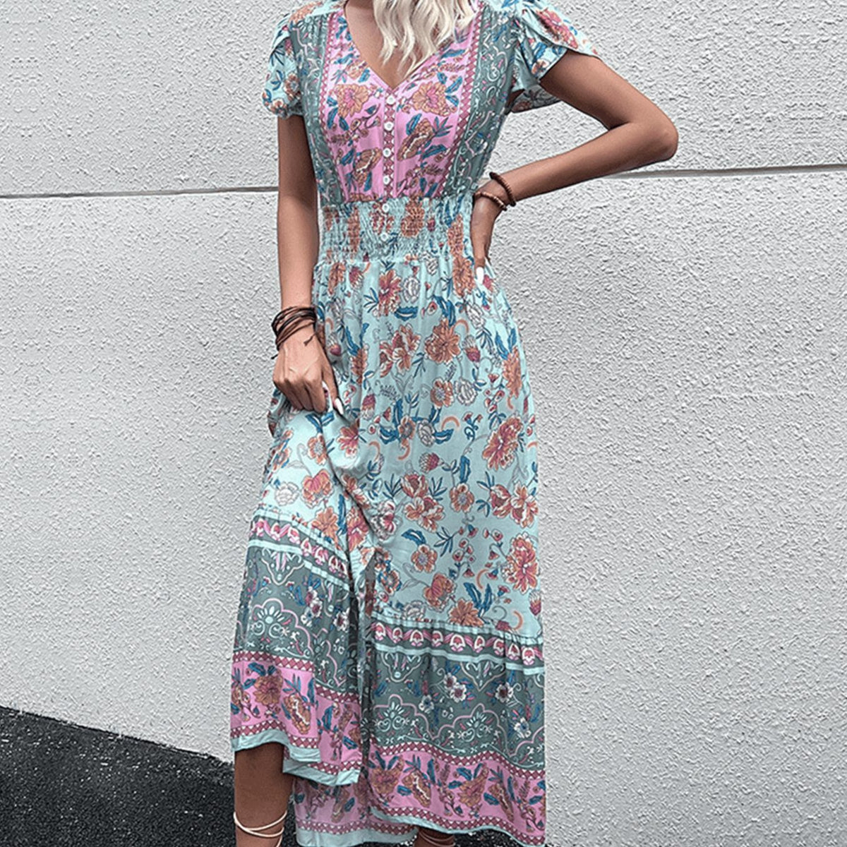 Women's Boho Floral Maxi Dress V-Neck Smocked Waist Summer Dress