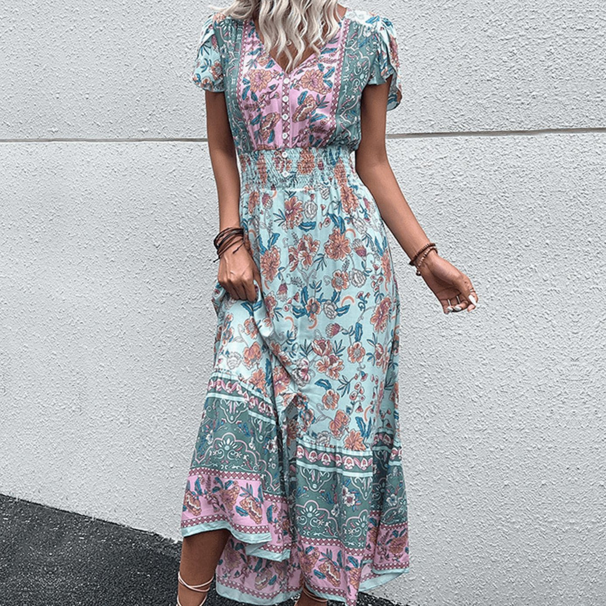Women's Boho Floral Maxi Dress V-Neck Smocked Waist Summer Dress - Green