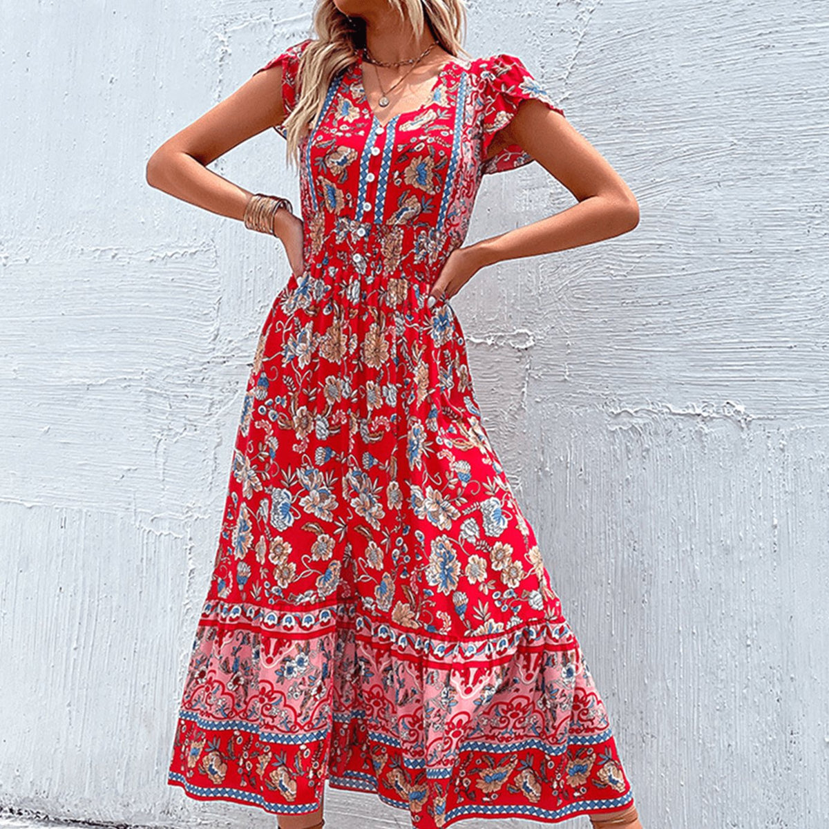 Women's Boho Floral Maxi Dress V-Neck Smocked Waist Summer Dress - Red