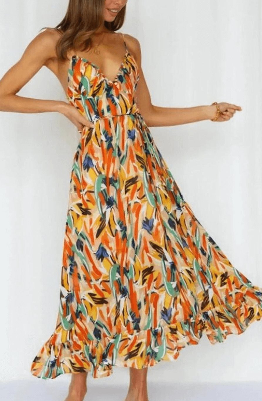Women's Boho Floral Midi Spaghetti-Strap Flowy Summer Dress