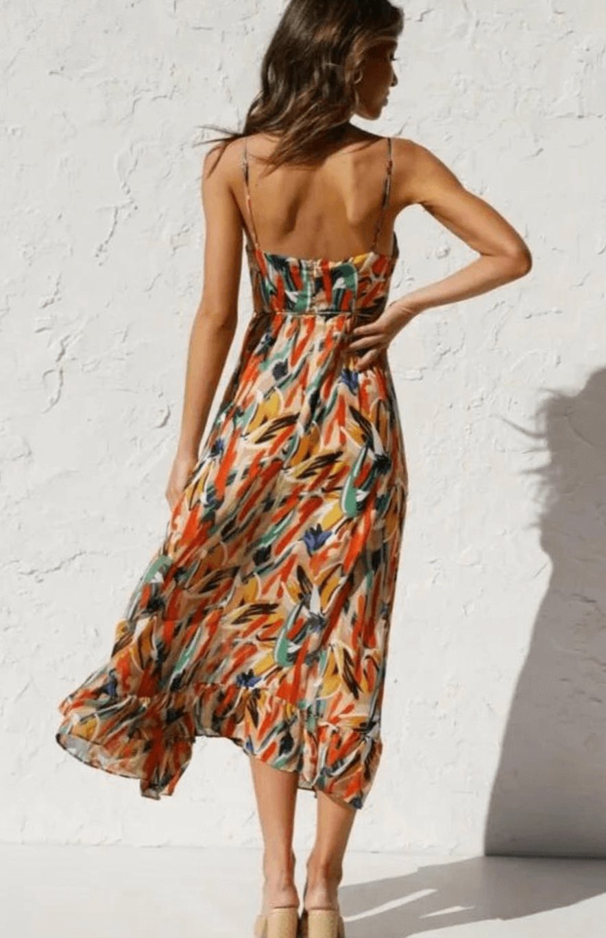 Women's Boho Floral Midi Spaghetti-Strap Flowy Summer Dress