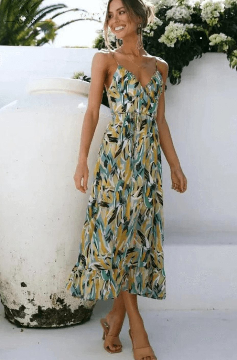Women's Boho Floral Midi Spaghetti-Strap Flowy Summer Dress - Green
