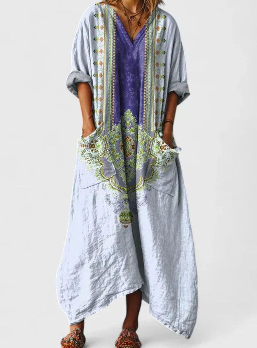 Women's Boho Floral Oversized V-Neck Maxi Pocket Dress - Blue Purple