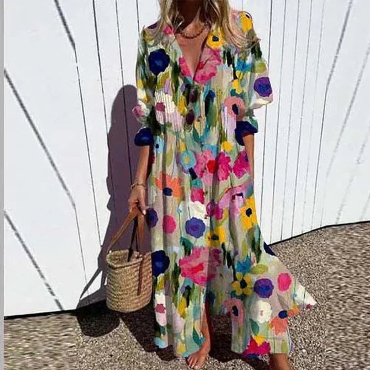 Women's Boho Floral Summer Dress Flowing V-Neck Maxi - Multicolour 1