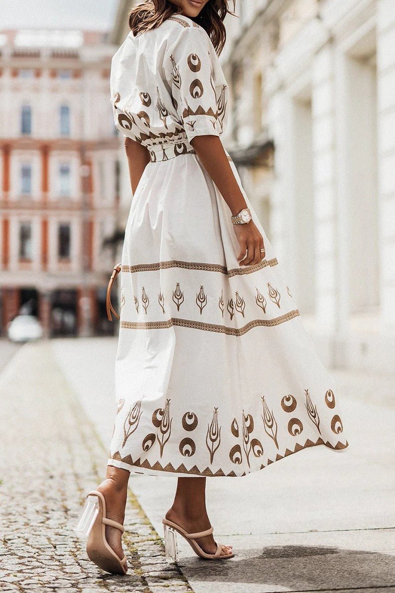 Women's Boho Geometric Print Three-Quarter Sleeve Belted Midi Dress