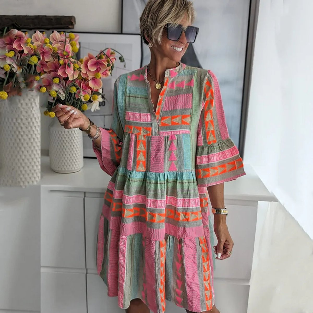 Women's Boho Geometric Print Tiered V Neck Dress 3/4 Sleeve