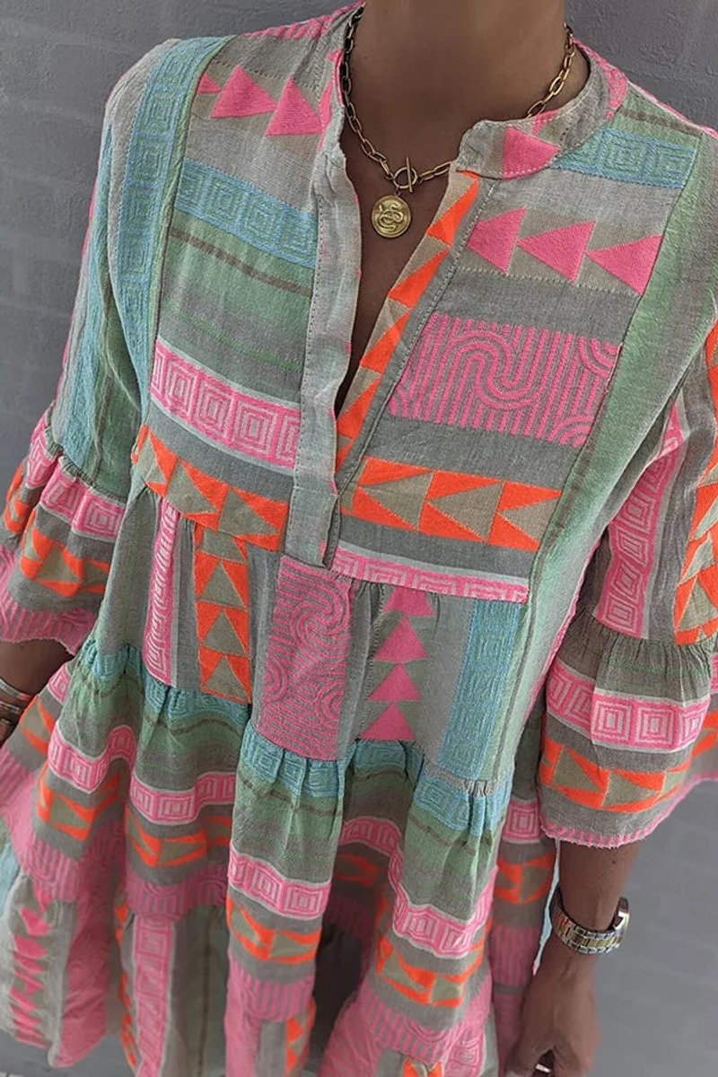 Women's Boho Geometric Print Tiered V Neck Dress 3/4 Sleeve