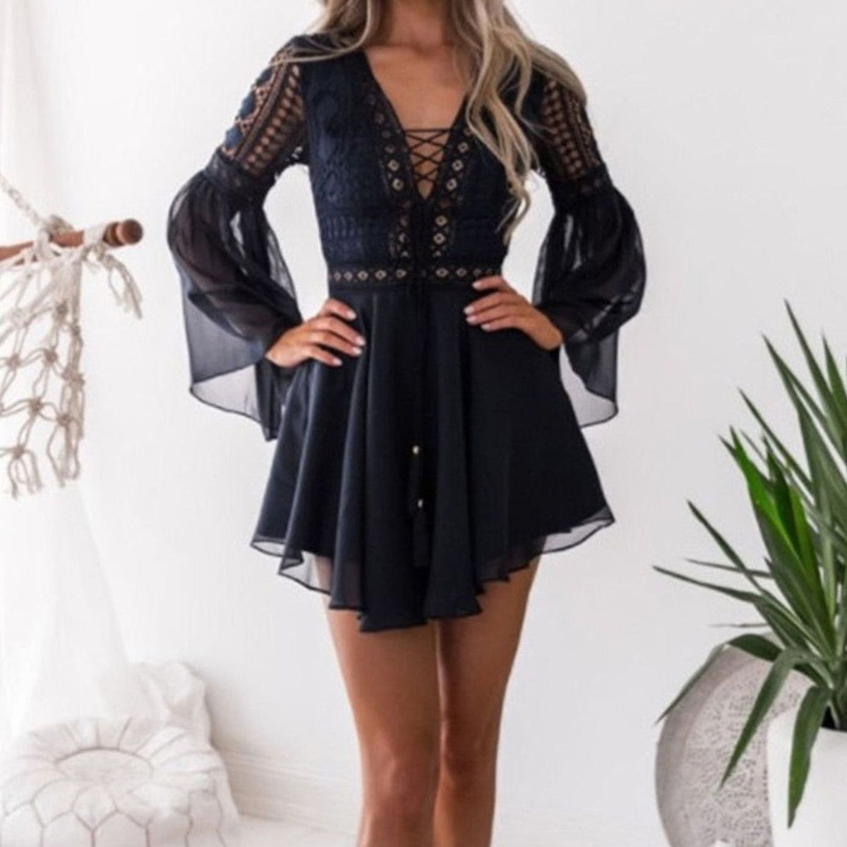 Women's Boho Lace V-Neck Flare-Sleeve Wedding Guest Mini Dress