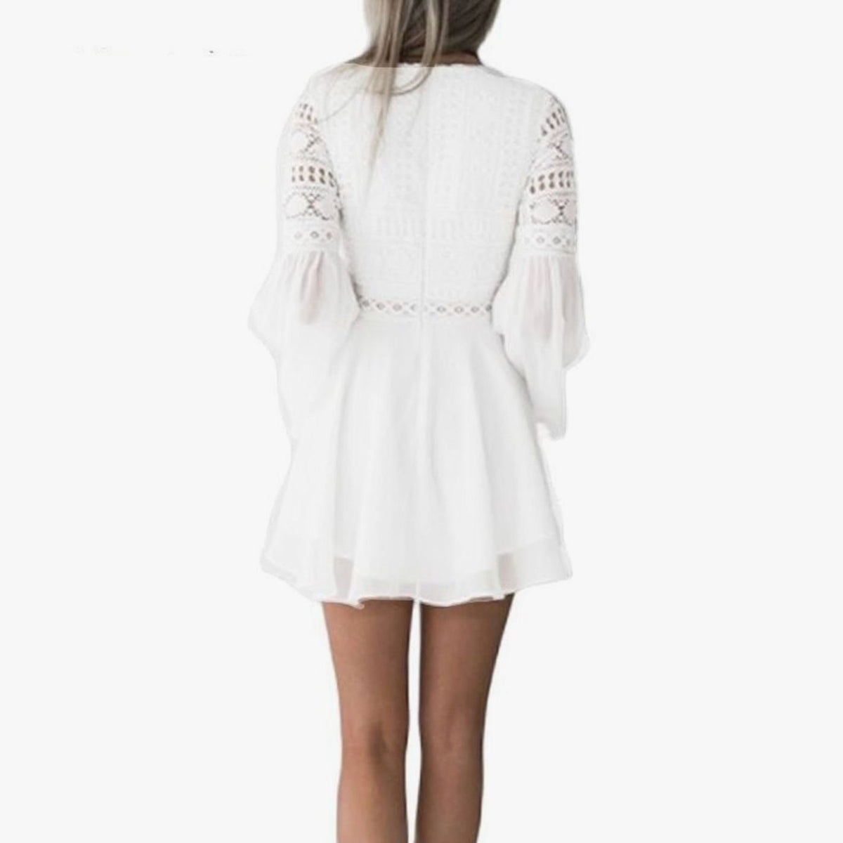 Women's Boho Lace V-Neck Flare-Sleeve Wedding Guest Mini Dress