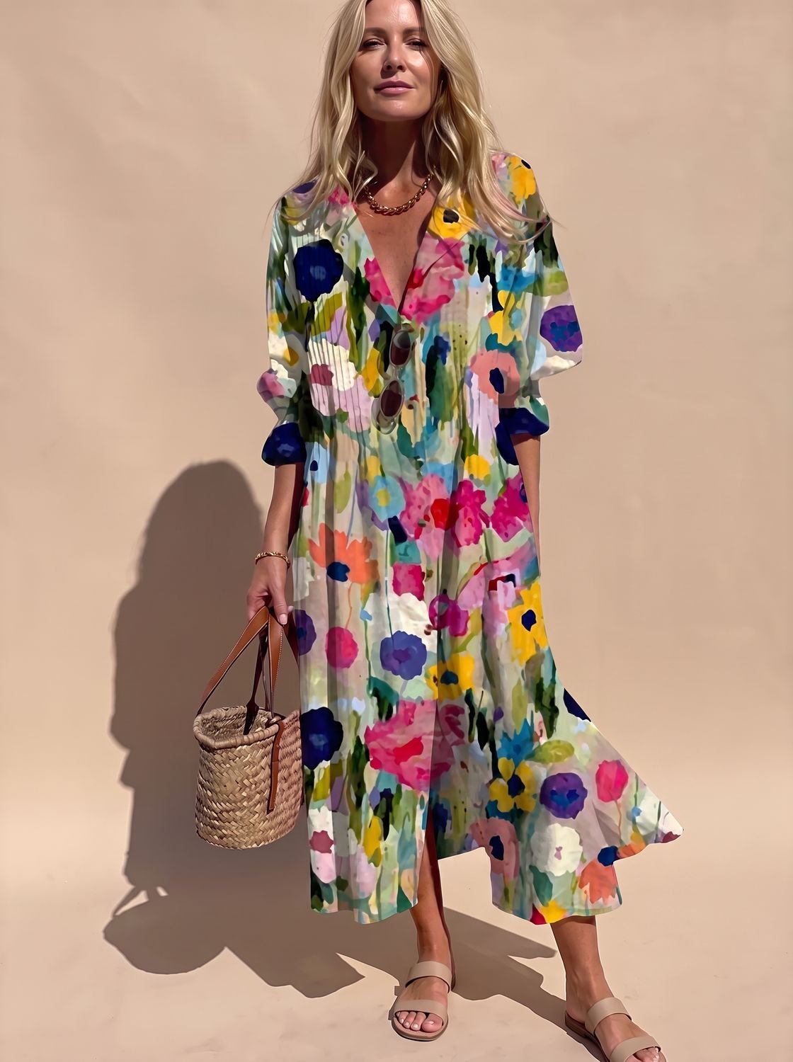 Women's Boho Leaf-Print Button-Front Half-Sleeve Midi Dress - Multicolour 1