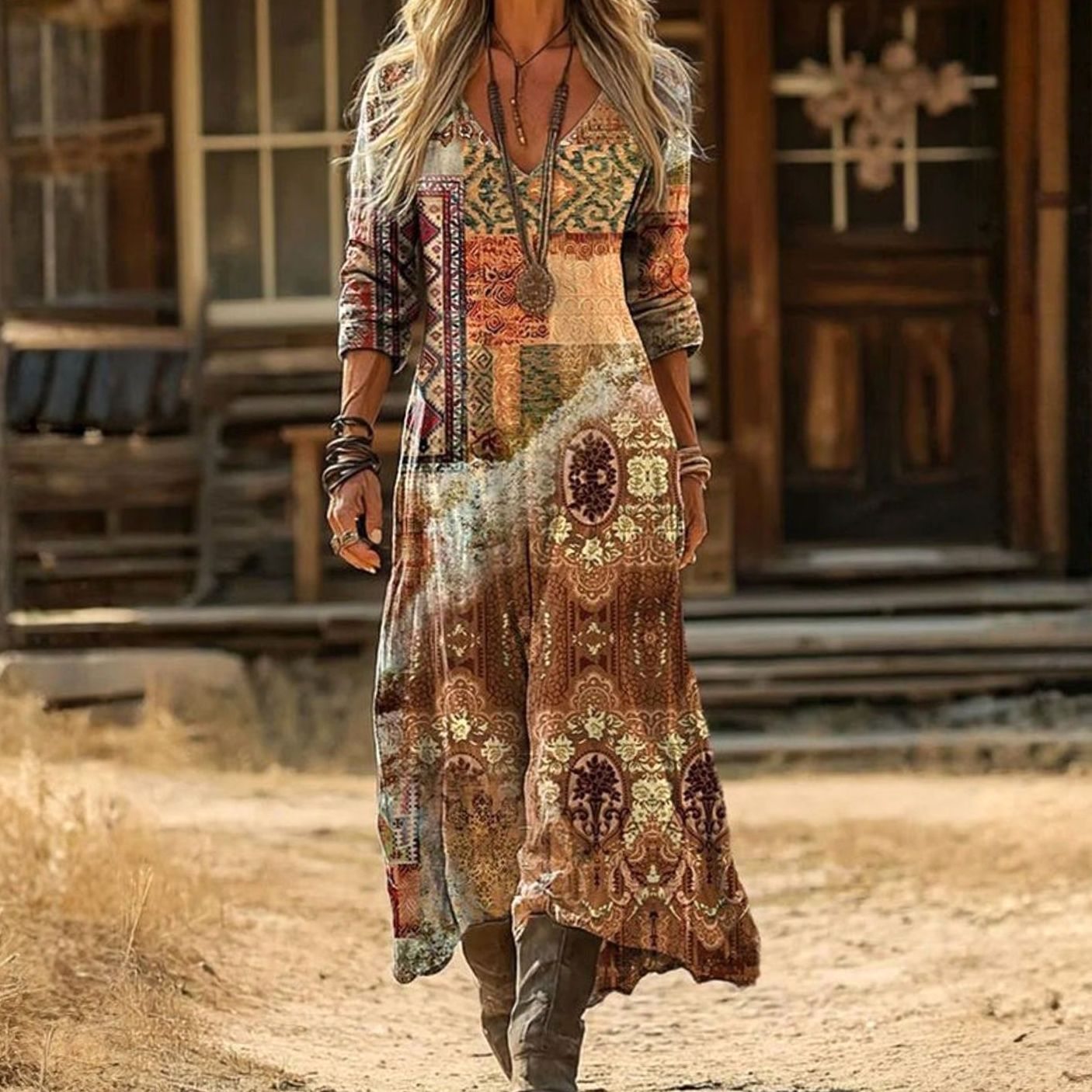Women's Boho Long-Sleeve V-Neck Floral Maxi Casual Dress - Multicolor
