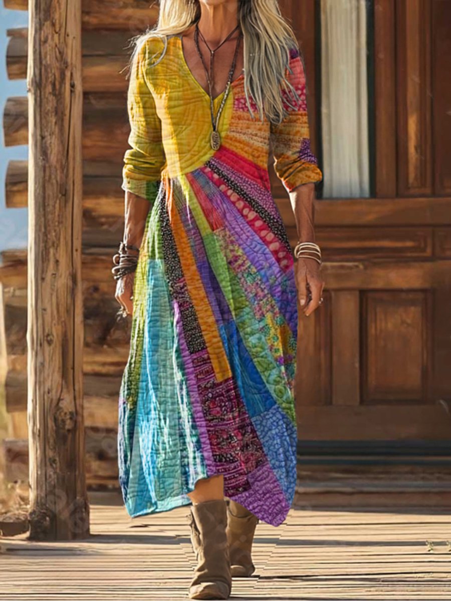 Women's Boho Patchwork Long-Sleeve V Neck Dress