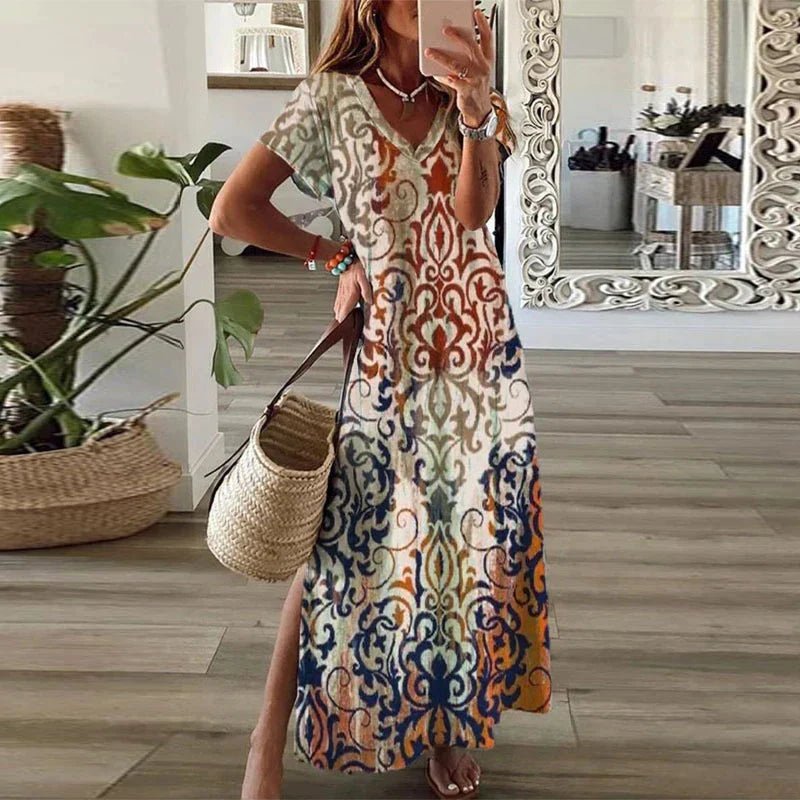Women's Boho Print V-Neck Short Sleeve Split Maxi Dresses - Brown
