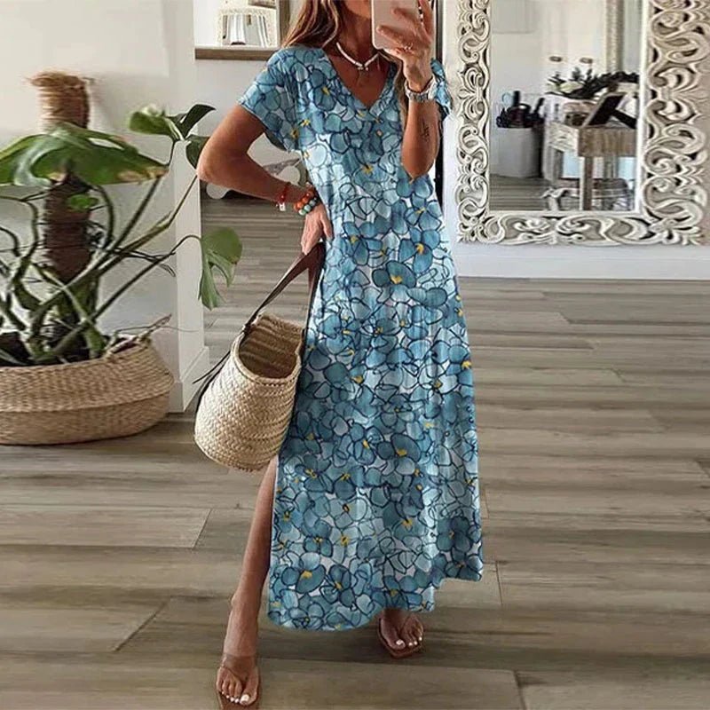 Women's Boho Print V-Neck Short Sleeve Split Maxi Dresses - Blue