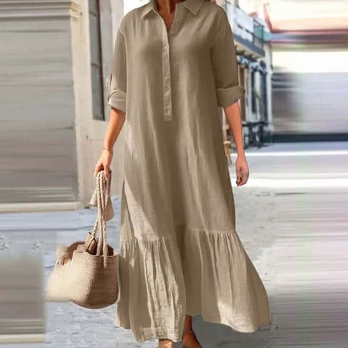 Women's Boho Summer Maxi Dress Button-Down Collar Relaxed Fit - Beige