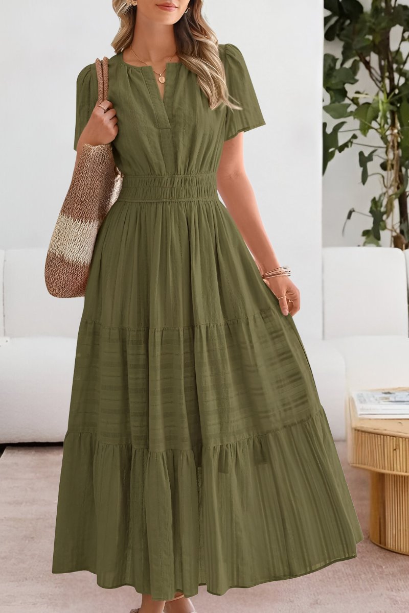 Women's Boho Tiered Maxi Summer Dress Flutter Sleeve Smocked Waist - Green
