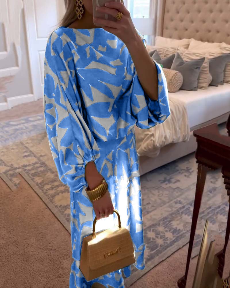 Women's Botanical Print Lantern Sleeve Two-Piece Set