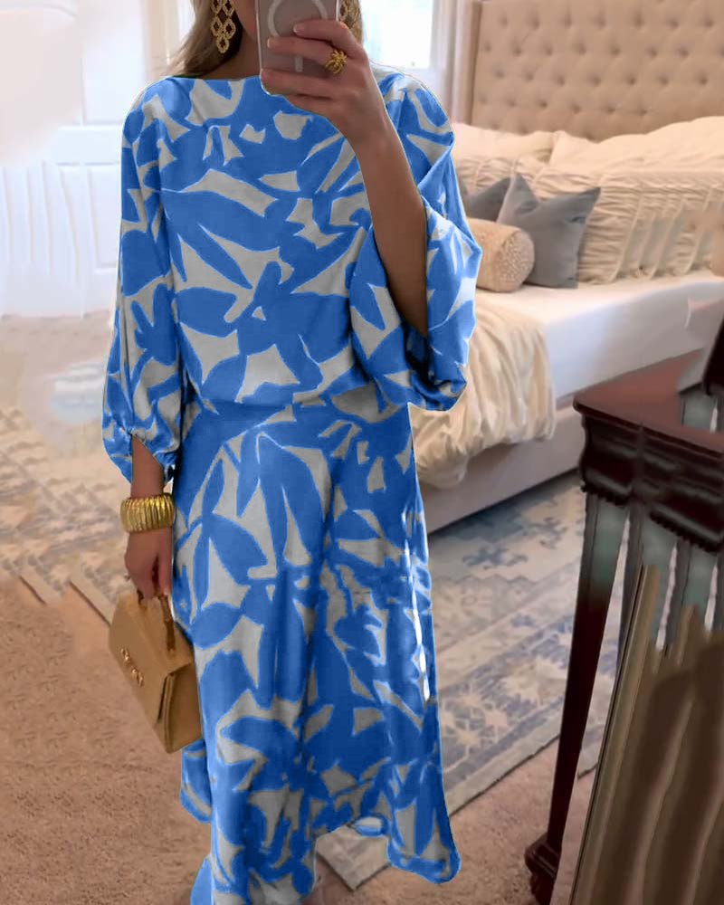 Women's Botanical Print Lantern Sleeve Two-Piece Set
