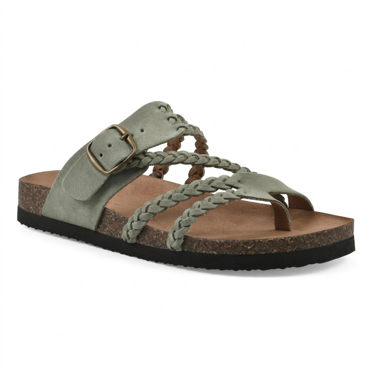 Women's Braided Suede Comfort Sandals Cork Footbed Toe-Loop - Green