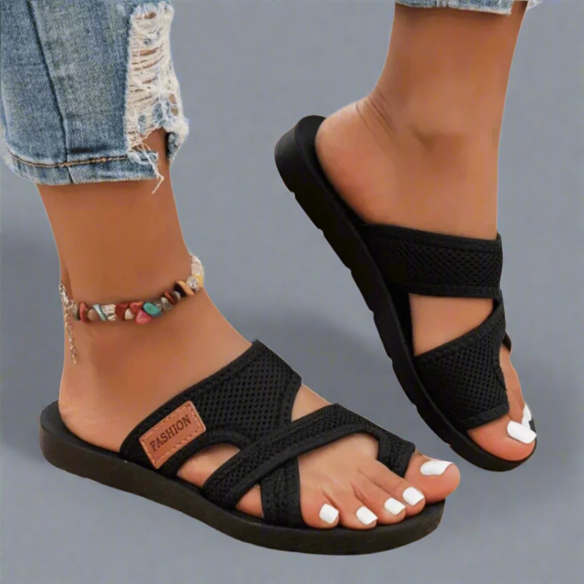 Women's Breathable Mesh Slip-On Comfort Sandals Flat Cross-Strap
